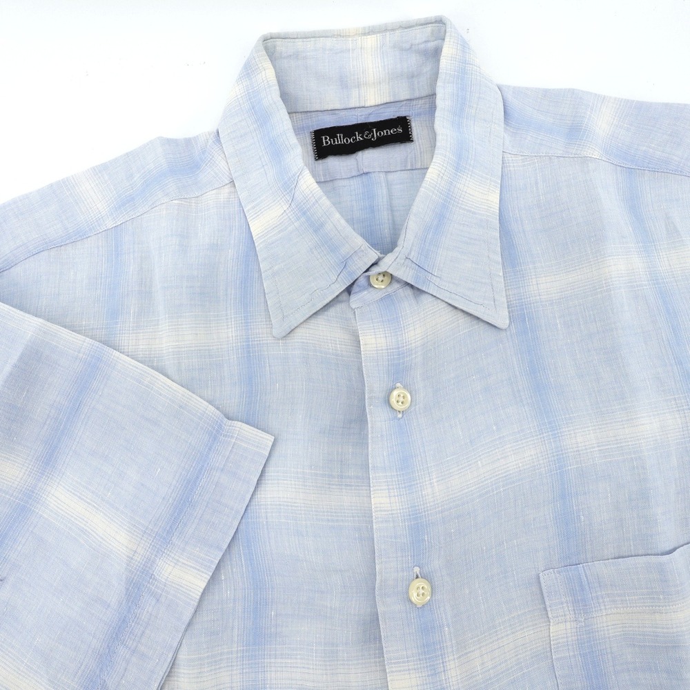Bullock & Jones‎  Linen Button Up Shirt Blue Short Sleeve Mens Large Minor Flaw